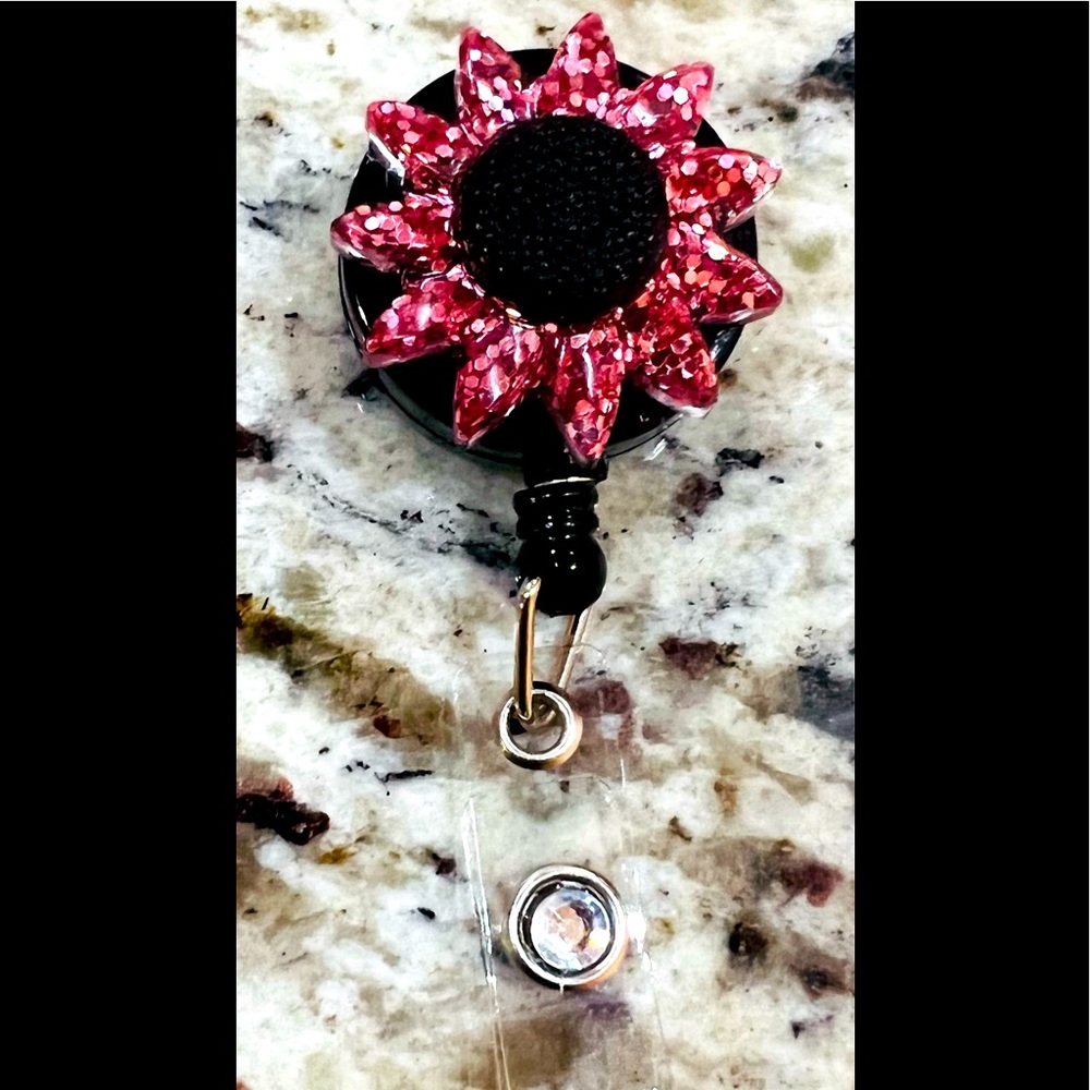 Sunflower badge reel. Nurse, teacher badge. Work badge reel. Pink, rose gold.